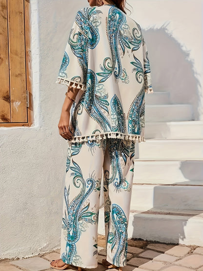 Women's Boho Two-Piece Set Kimono and Wide Pants with Paisley Pattern – Perfect for Spring & Summer