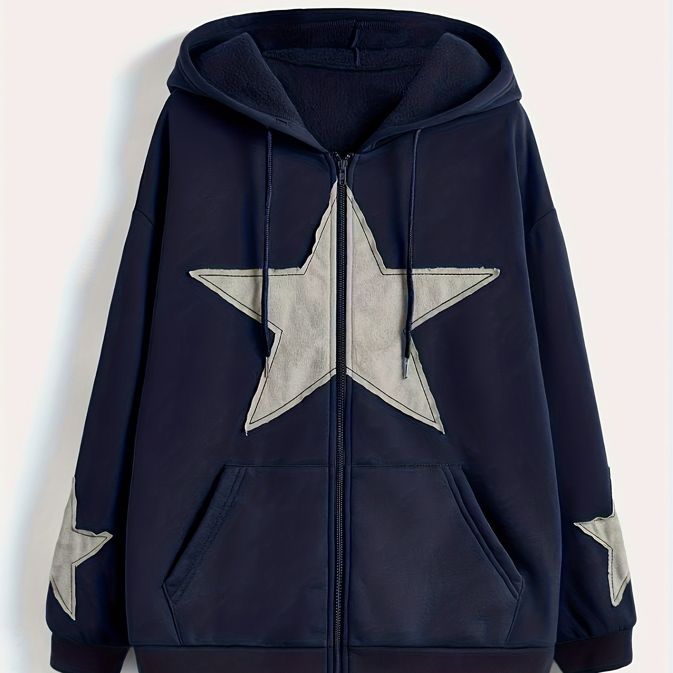 Unisex Kapuzenjacke mit Reißverschluss, Oversize, Stern-Applikationen, Kordelzug, Kängurutaschen