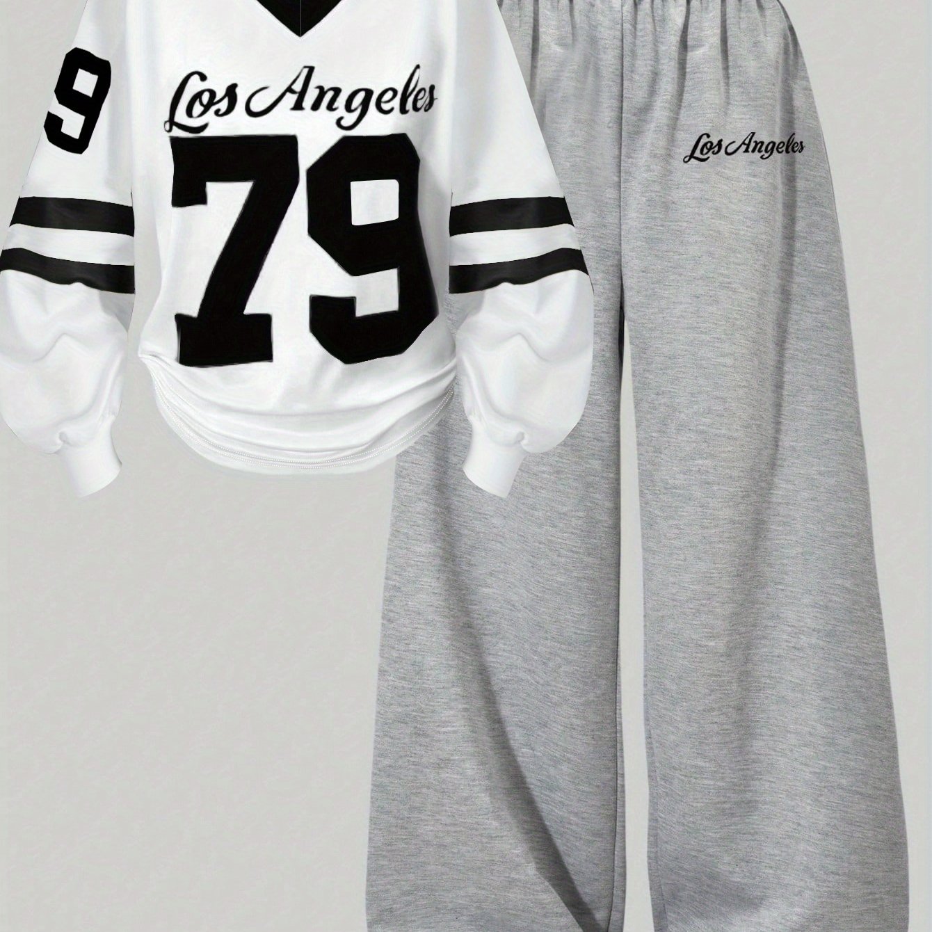 Two-piece women’s sports set: long-sleeve V-neck shirt and wide-leg pants, gray and white