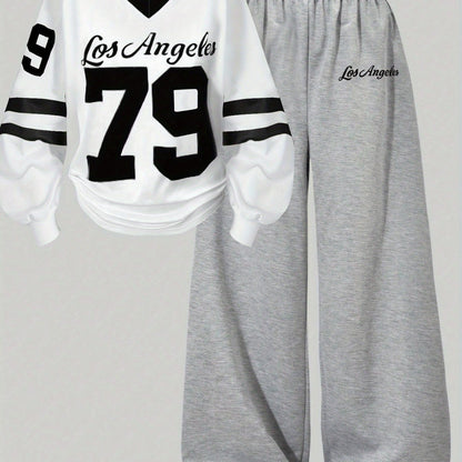 Two-piece women’s sports set: long-sleeve V-neck shirt and wide-leg pants, gray and white