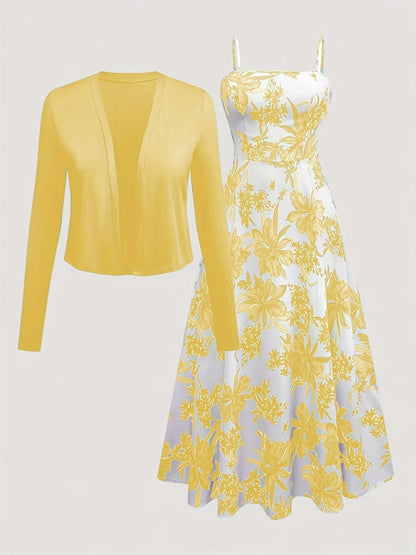 Women's Midi Dress with Floral Pattern and Cardigan Set – Elegant Casual Look for Spring and Summer