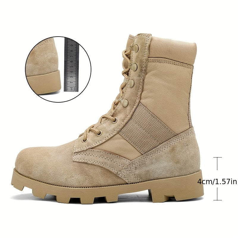 Beige men's lace-up boots with a zipper and rugged tread