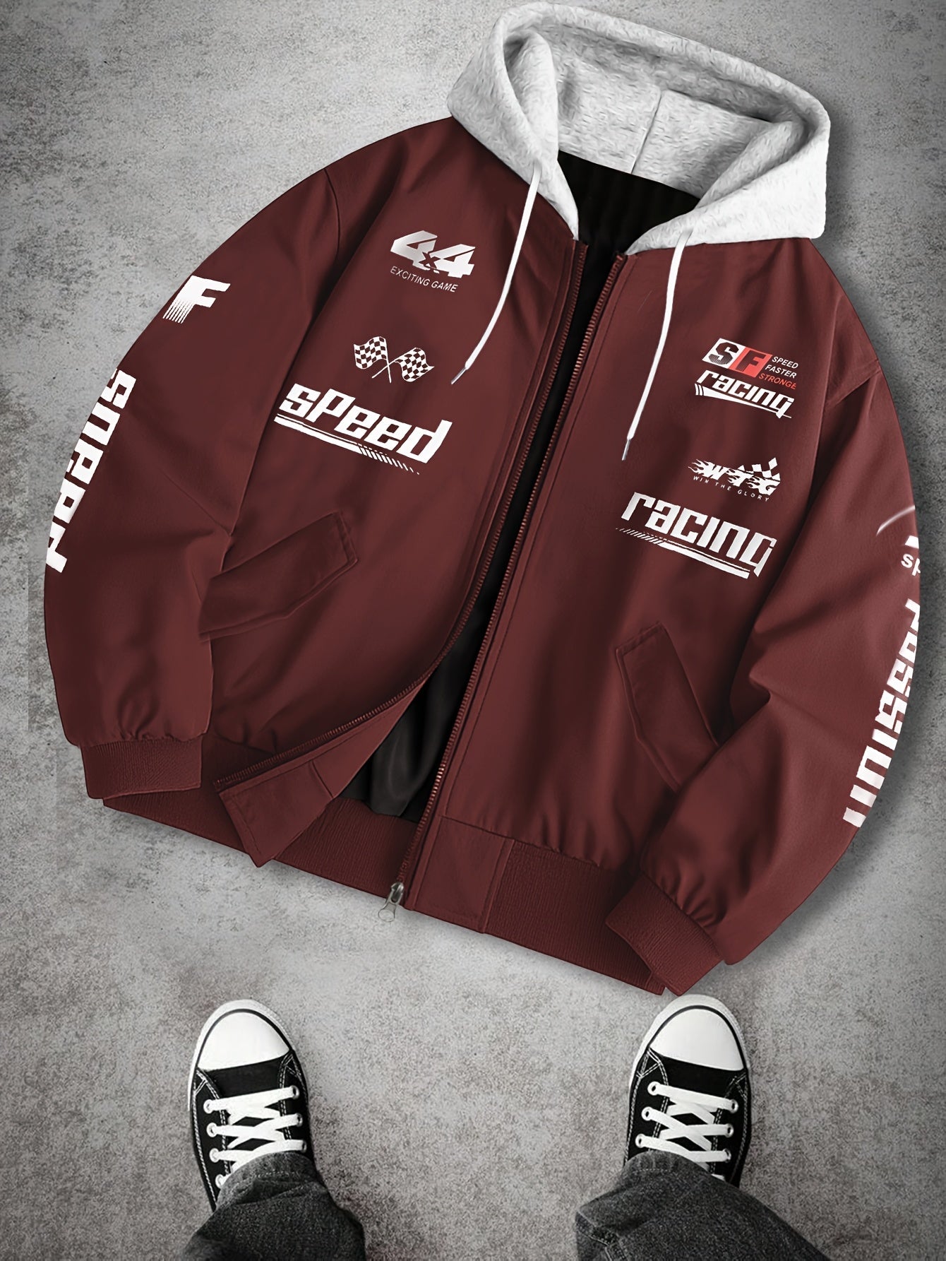 Men's hooded bomber jacket with racing print, zip-up windbreaker