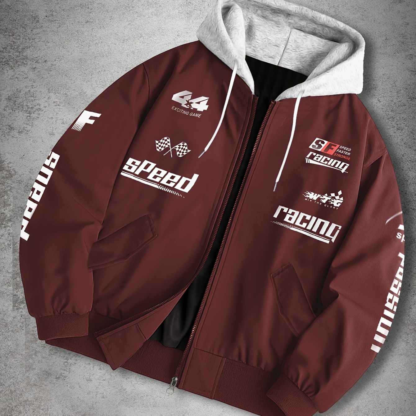Men's hooded bomber jacket with racing print, zip-up windbreaker