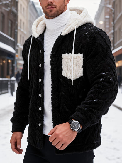 Men's teddy fleece jacket with hood and chest pocket