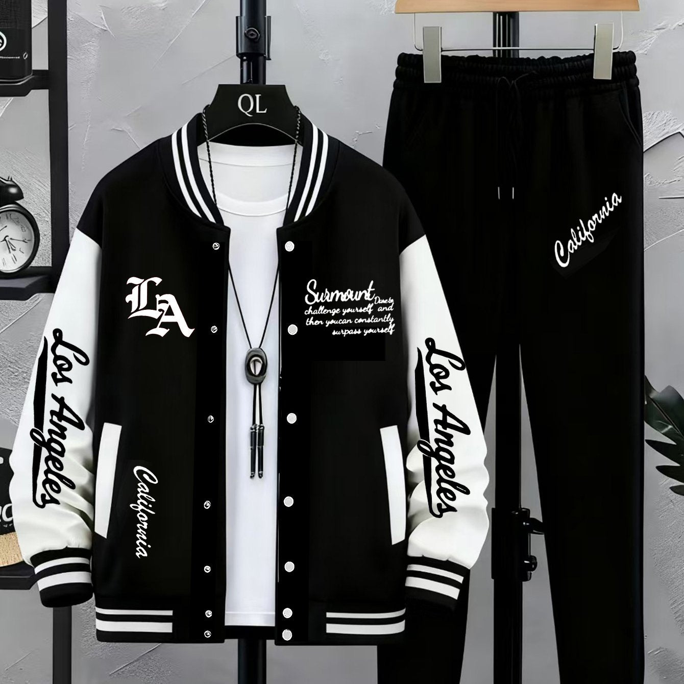 Unisex tracksuit set with baseball jacket and jogging pants, college-style streetwear