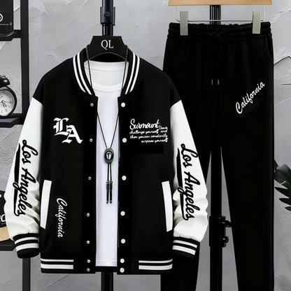 Unisex tracksuit set with baseball jacket and jogging pants, college-style streetwear