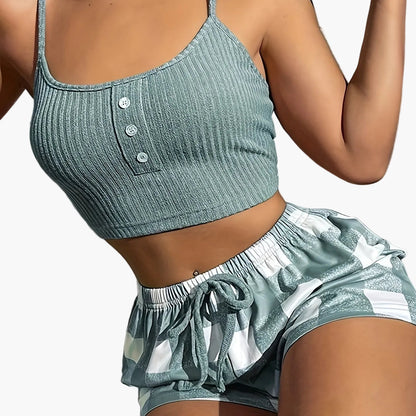 Damen Pyjama Set mit Spaghettiträgern und Shorts, Casual Sommer Loungewear