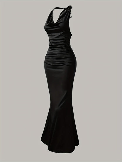 Women's evening dress with cowl neckline and back tie – elegant maxi dress for festive occasions