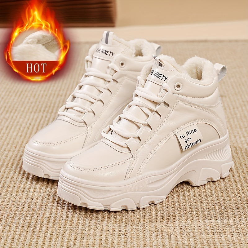 Damen Gefütterte Plateausneaker, Winter Hohe Sneaker mit dicker Sohle, Weiß