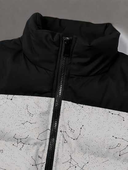 Padded jacket with constellation print, zipper, and stand-up collar