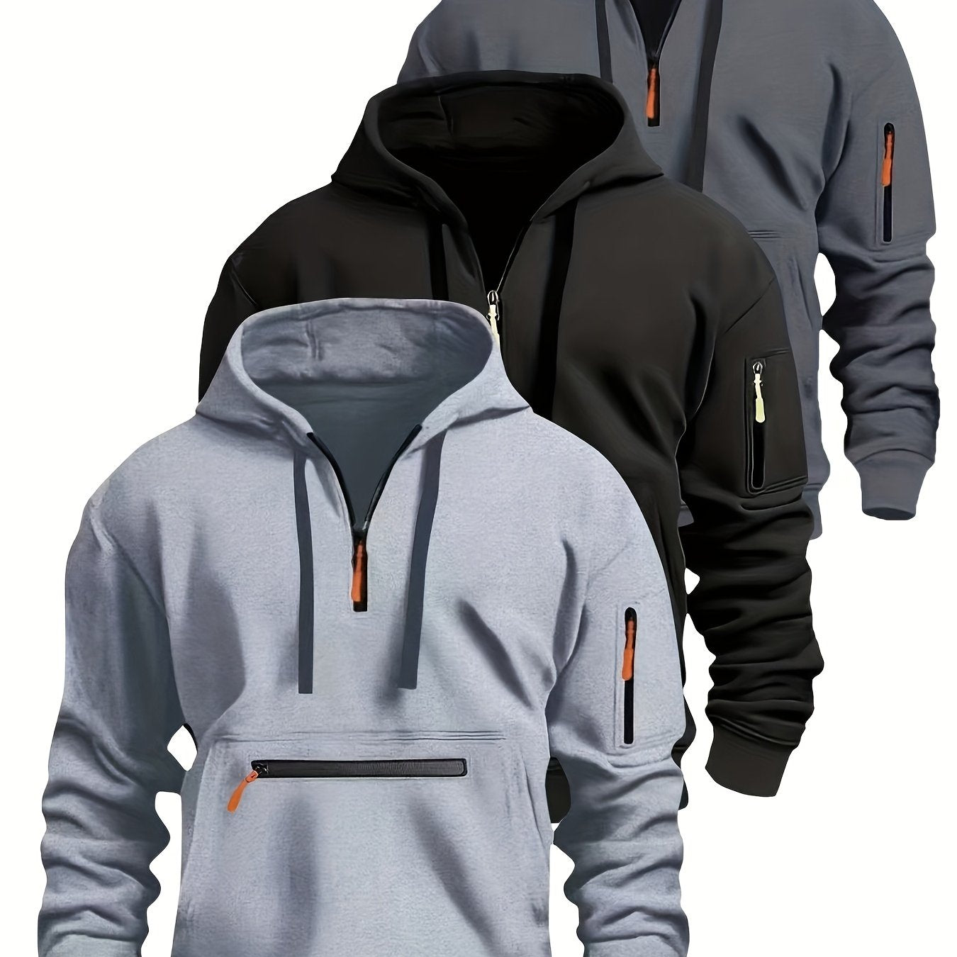 Men's hoodie with zipper and kangaroo pocket, drawstring, long sleeves