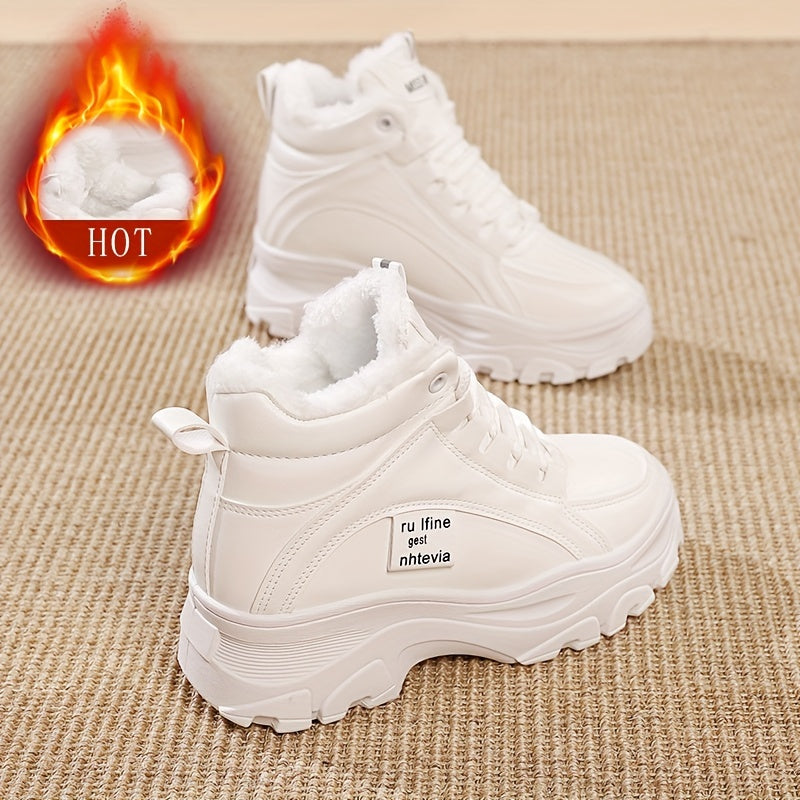 Damen Gefütterte Plateausneaker, Winter Hohe Sneaker mit dicker Sohle, Weiß
