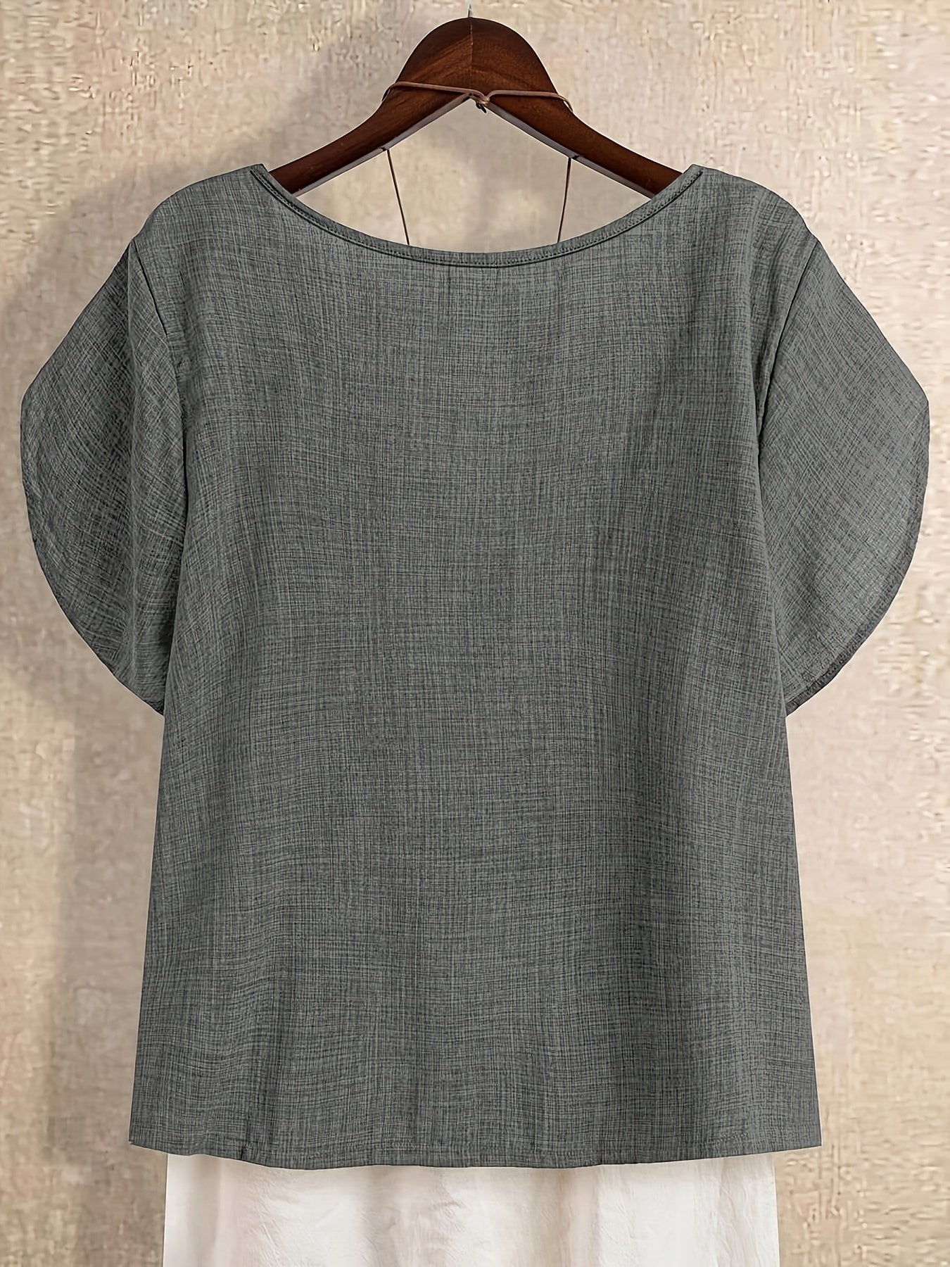 Women's tunic blouse with asymmetrical collar and short sleeves – Artistic casual style