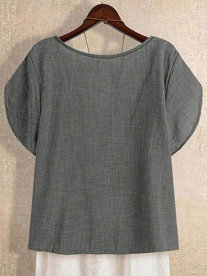 Women's tunic blouse with asymmetrical collar and short sleeves – Artistic casual style