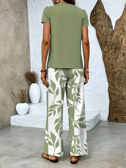 Women's Elegant Two-Piece Set with Short-Sleeve Shirt and Wide-Leg Pants, Floral, Perfect for Everyday and Vacation