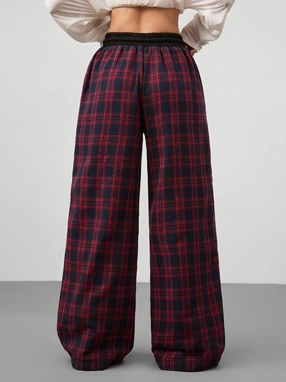 Damen Weitbeinige Karierte Freizeithose mit Kordelzug – Lässige Loungehose für Alltag und Wochenende