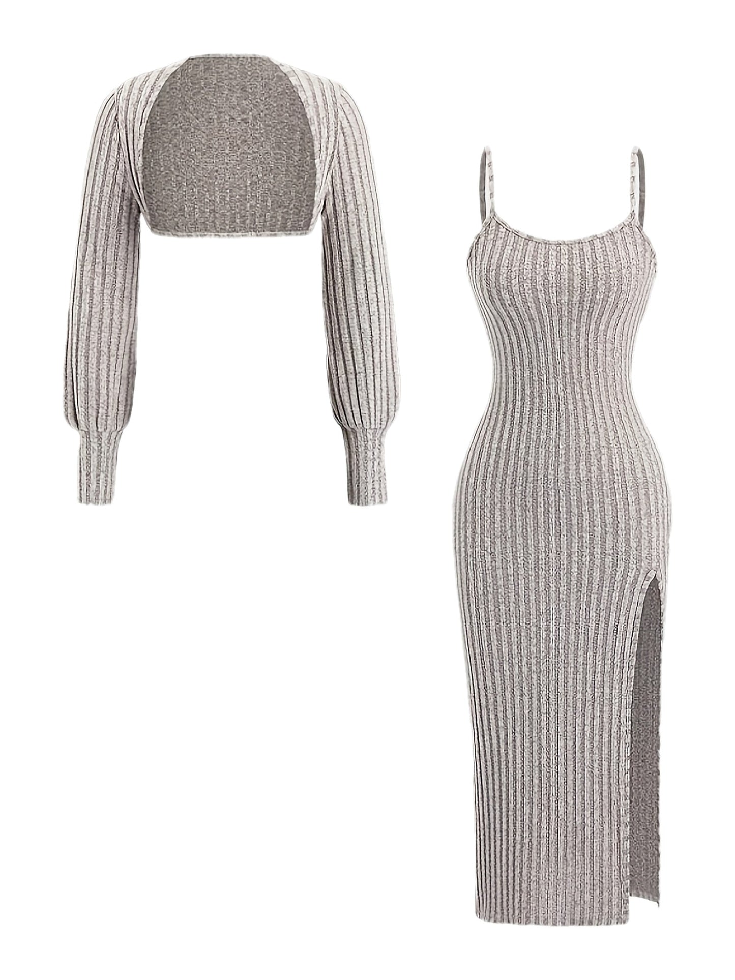 Women's ribbed spaghetti-strap dress and bolero knit set with side slit