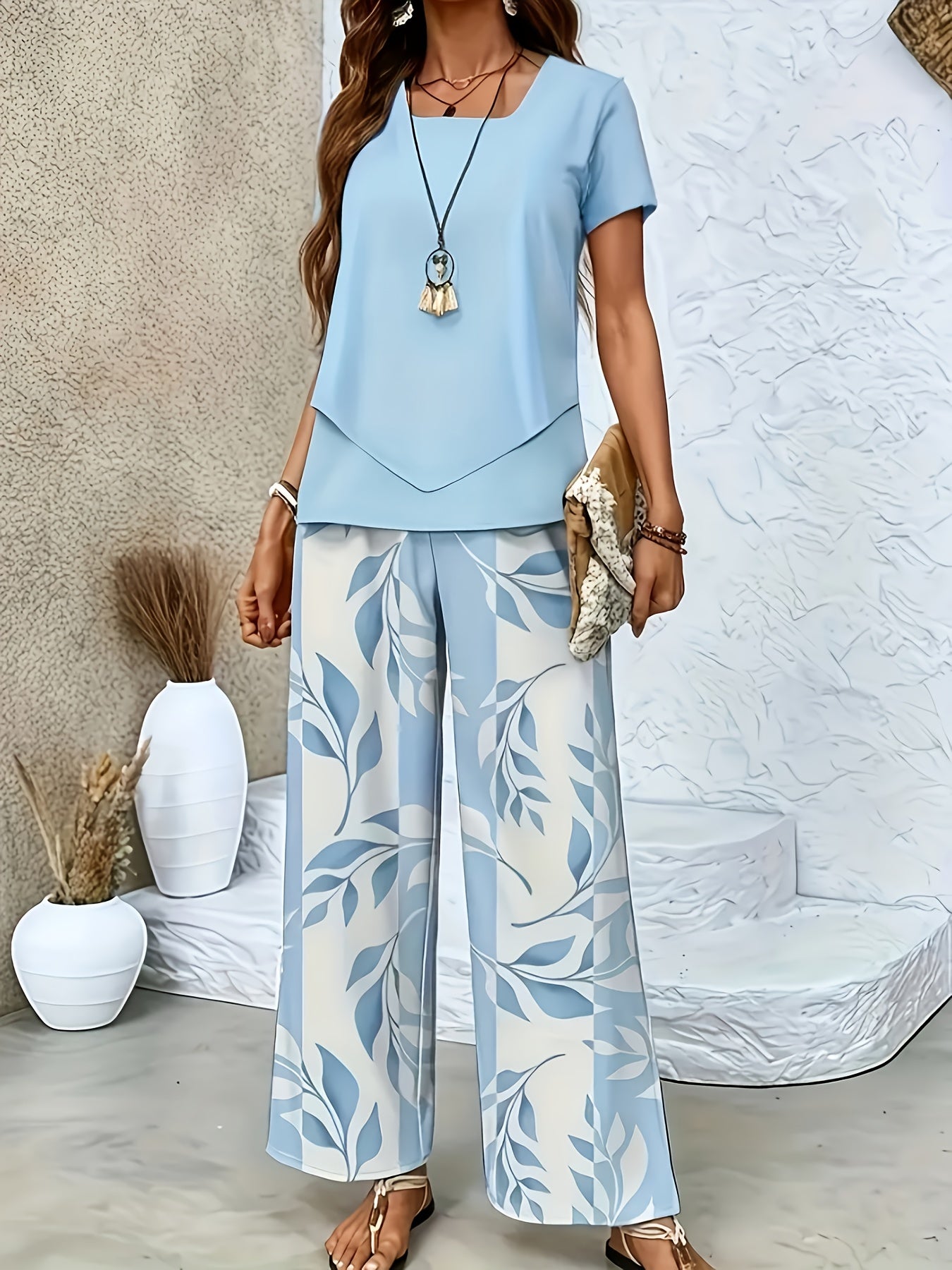 Women's Elegant Two-Piece Set with Short-Sleeve Shirt and Wide-Leg Pants, Floral, Perfect for Everyday and Vacation