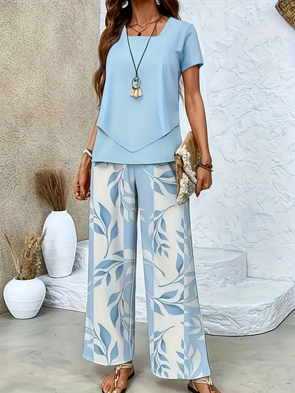 Women's Elegant Two-Piece Set with Short-Sleeve Shirt and Wide-Leg Pants, Floral, Perfect for Everyday and Vacation