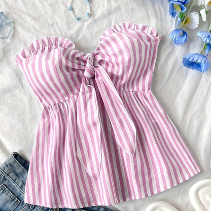 Women's bandeau crop top with bow front and ruffles – summer street style