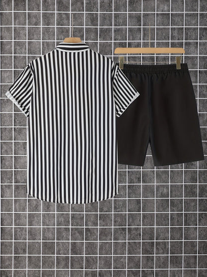Men's Summer Set – Modern Casual Outfit with Striped Short-Sleeve Shirt and Shorts, Ideal for Vacation & Everyday Wear