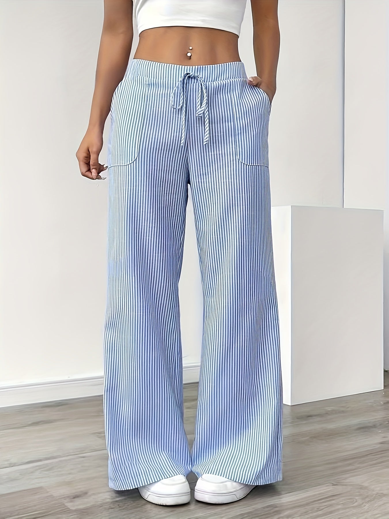 Women's Wide-Leg Casual Pants with Stripes and Drawstring – Relaxed Streetwear for Everyday and Weekend