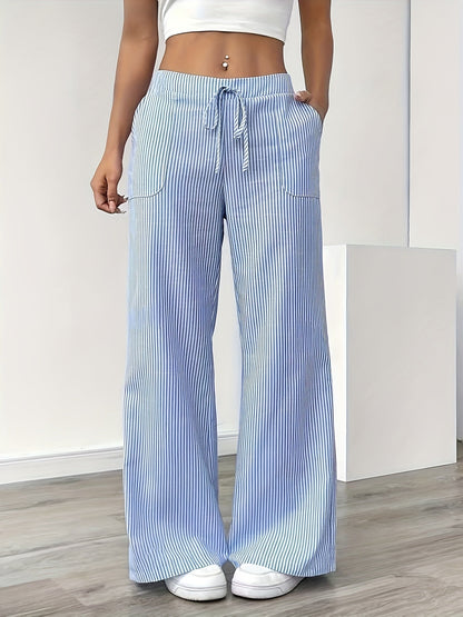 Women's Wide-Leg Casual Pants with Stripes and Drawstring – Relaxed Streetwear for Everyday and Weekend