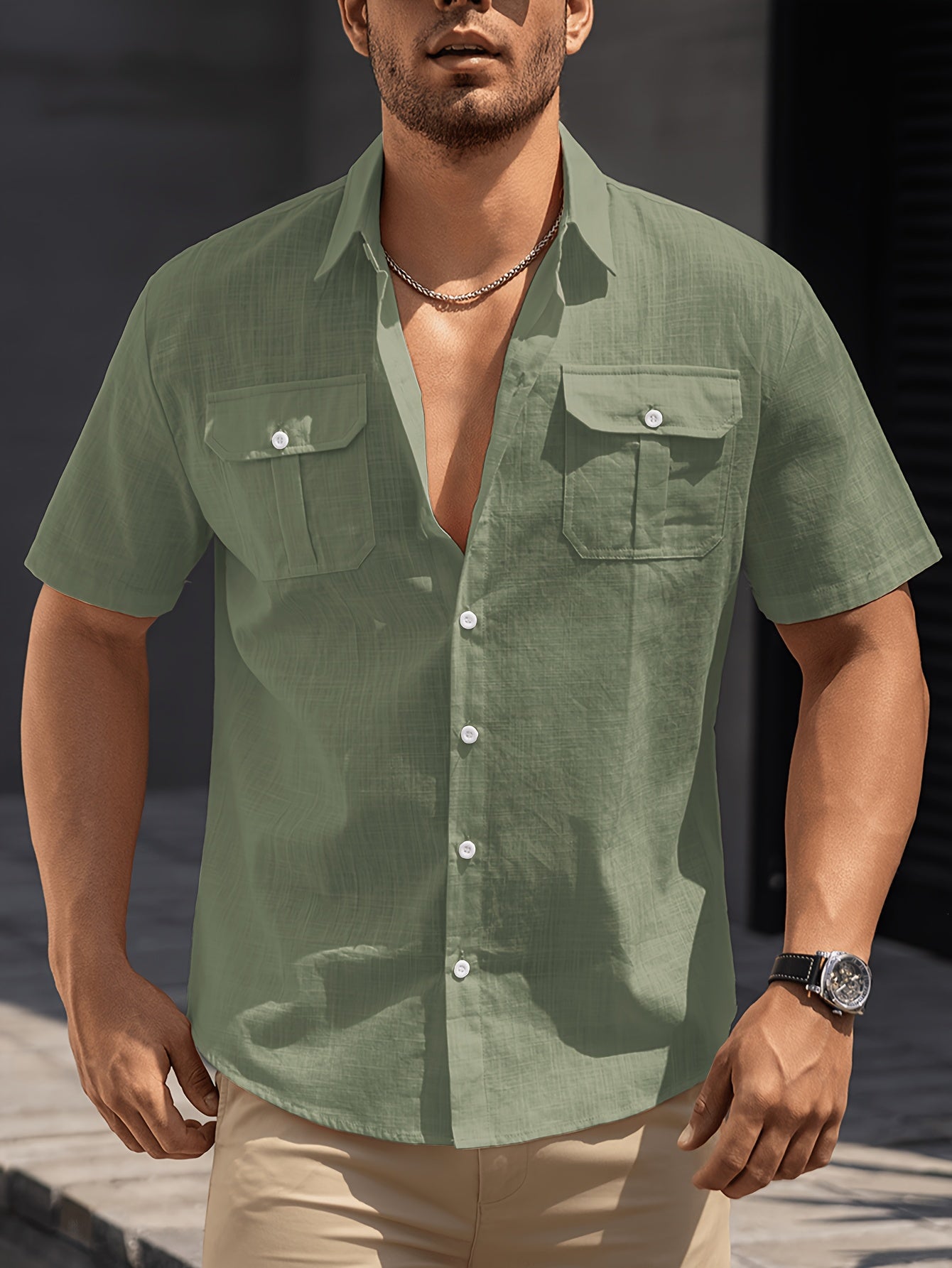 Men's Casual Short-Sleeve Shirt with Chest Pockets – Summer Regular Fit for Casual Occasions