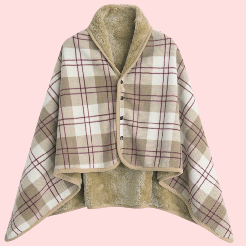 Women's Plaid Snap Button Fleece-Lined Poncho Cape
