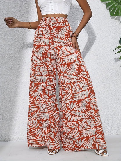 Women's Wide Summer Pants with Tropical Leaf Pattern – Fashionable Palazzo Pants for Beach and Leisure