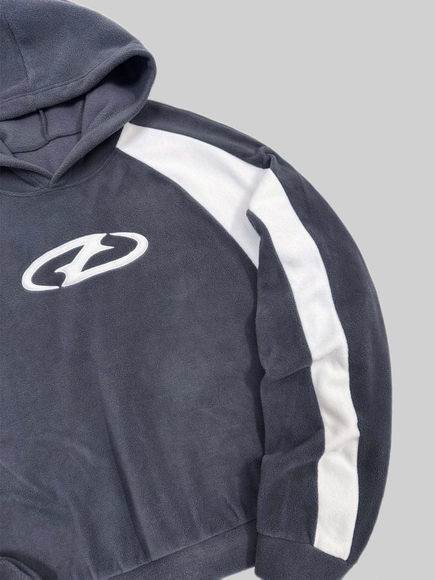 Gray fleece hoodie with logo and white stripes