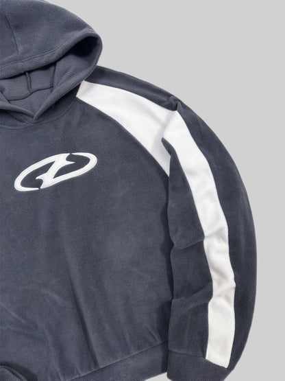 Gray fleece hoodie with logo and white stripes