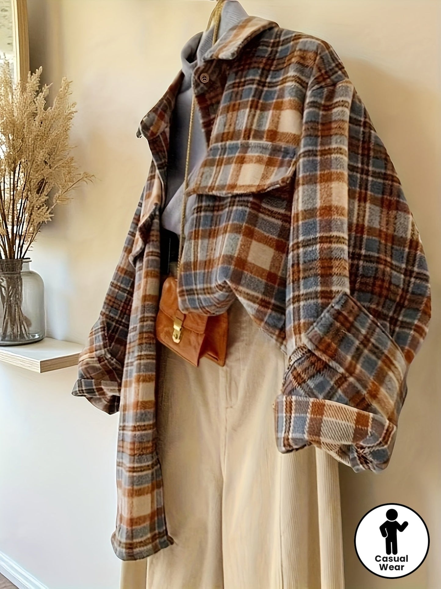 Plaid oversized shacket for women, transitional jacket, brown, blue, beige