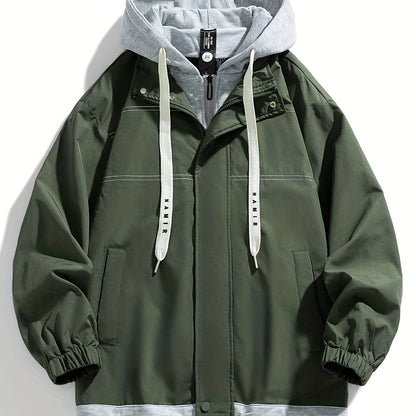 Unisex transitional jacket with hood and zipper, two-in-one look, black/brown