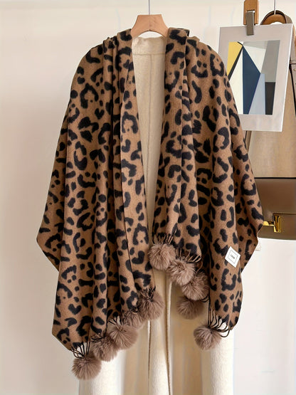 Leopard-print scarf with pom-poms