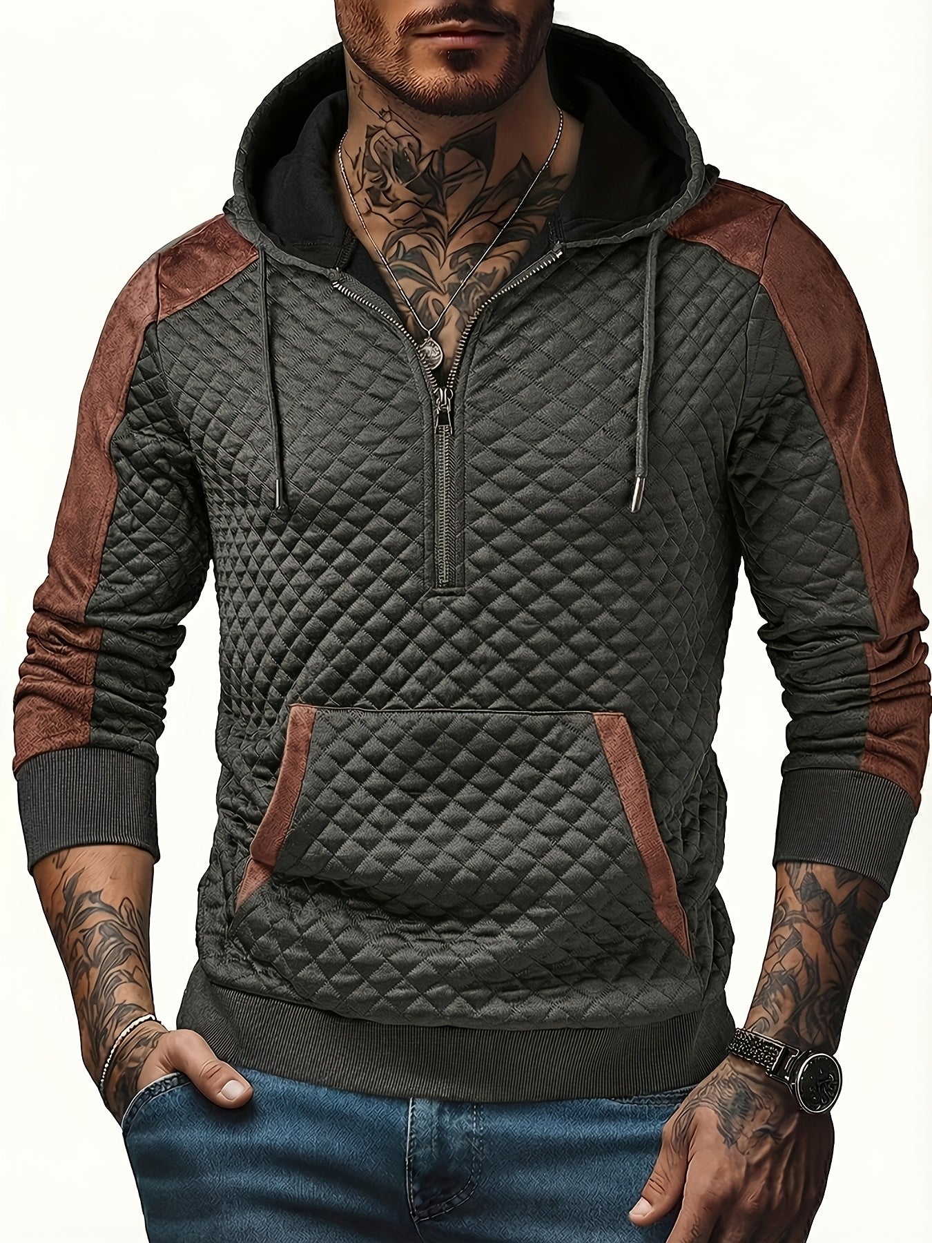 Men's quilted hoodie with half-zip and hood