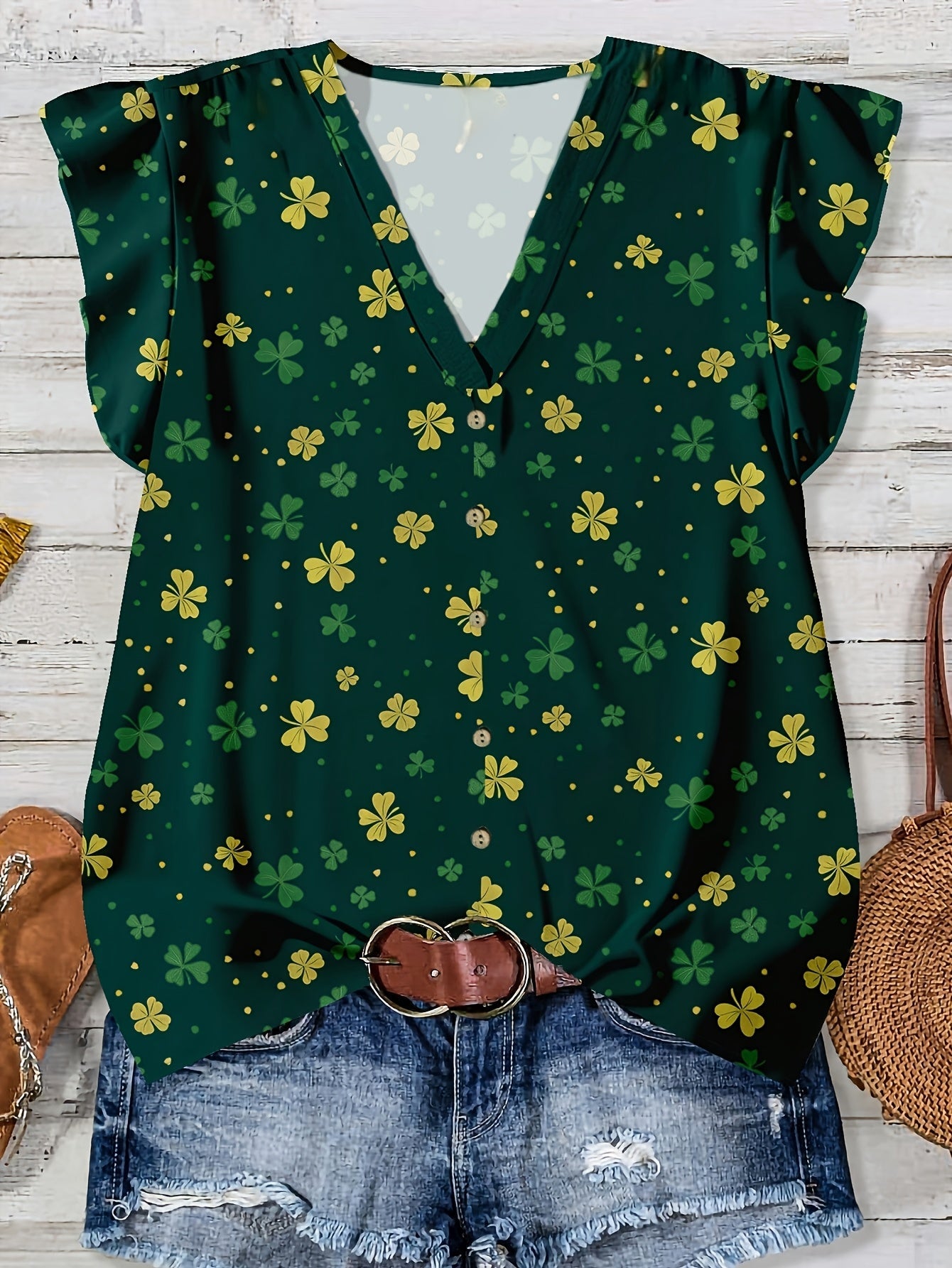 Women's summer blouse with hearts, V-neck, button placket, casual & romantic style