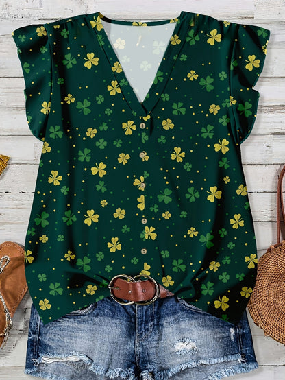 Women's summer blouse with hearts, V-neck, button placket, casual & romantic style