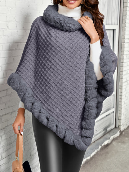 Damen Poncho gestrickt mit Kunstfellbesatz Wickelponcho