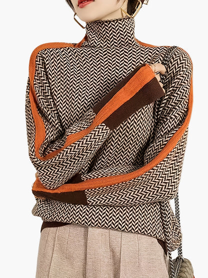 Women's pullover with stand-up collar and modern zigzag pattern – Elegant knitted sweater for autumn & winter