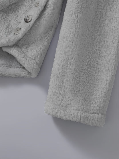 Women's plush hoodie with cat print and button placket