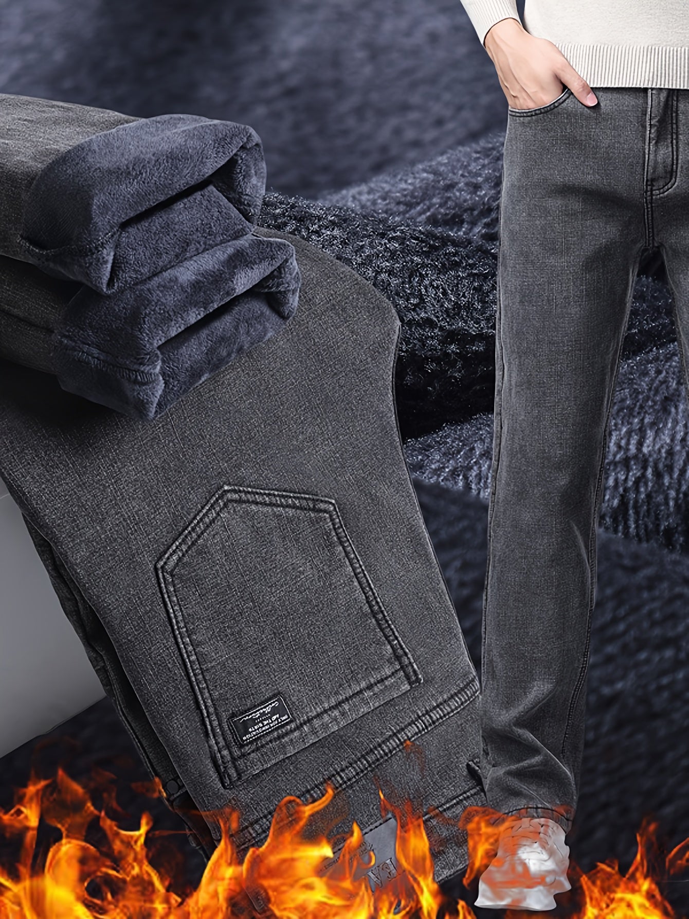 Herren Jeans Hose Grau Winter Warm