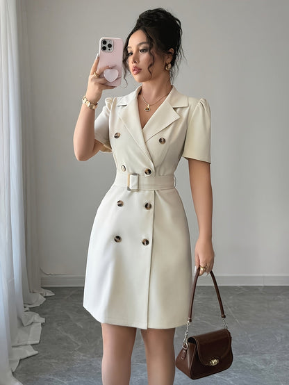 Women's Elegant Blazer Dress with Belt and Short Sleeves – Business & Occasion Wear