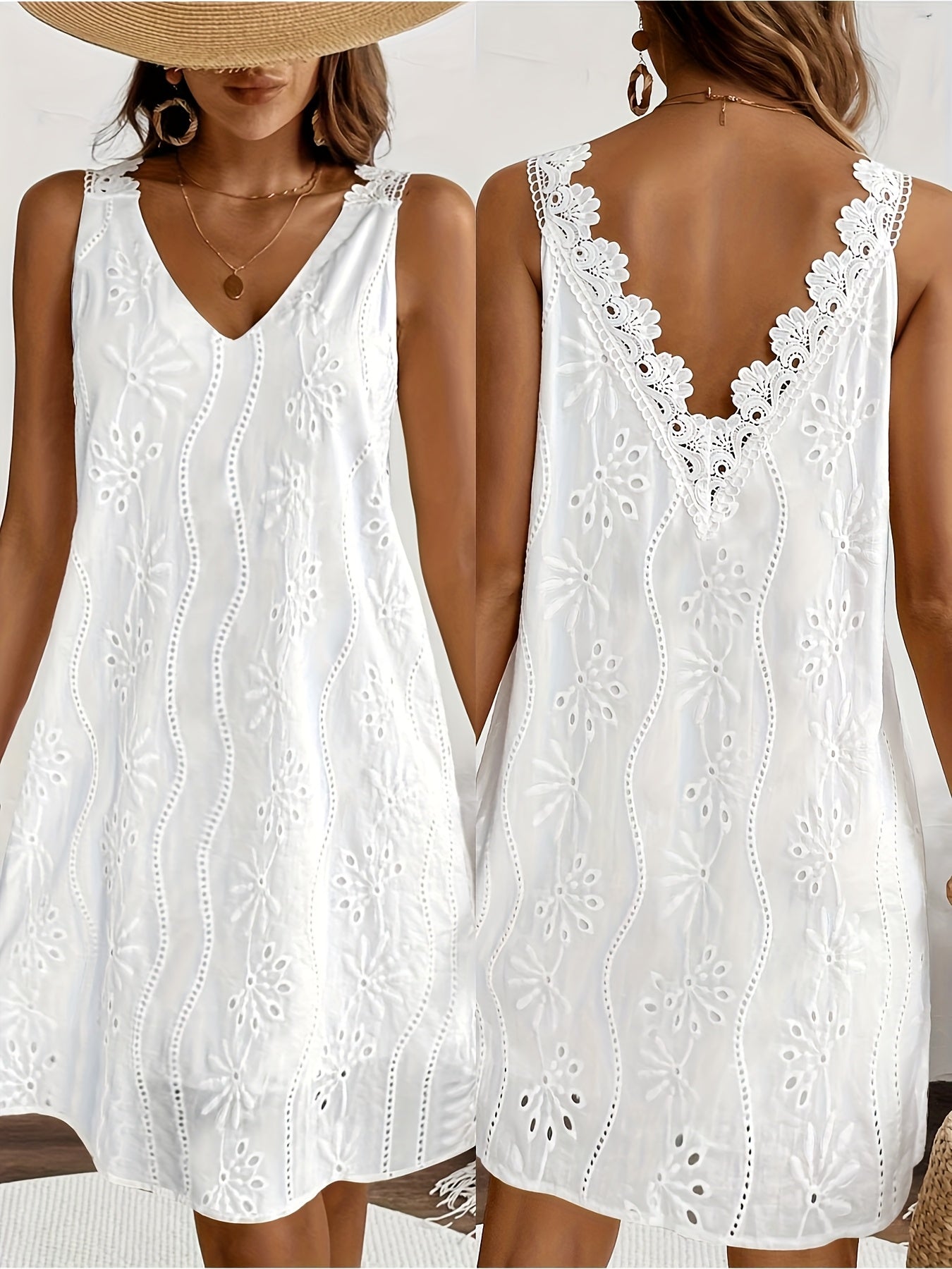 Damen Sommerkleid mit Spitze und Blumenstickerei, lässig, ärmellos, ideal für Urlaub und Alltag