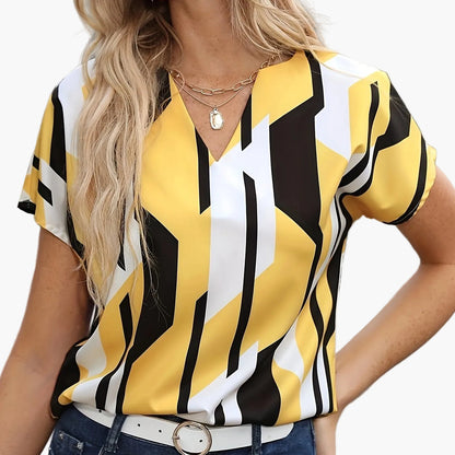Damen Vintage Bluse mit geometrischem Muster und V-Ausschnitt – Modische Sommerbluse für Alltag und Büro