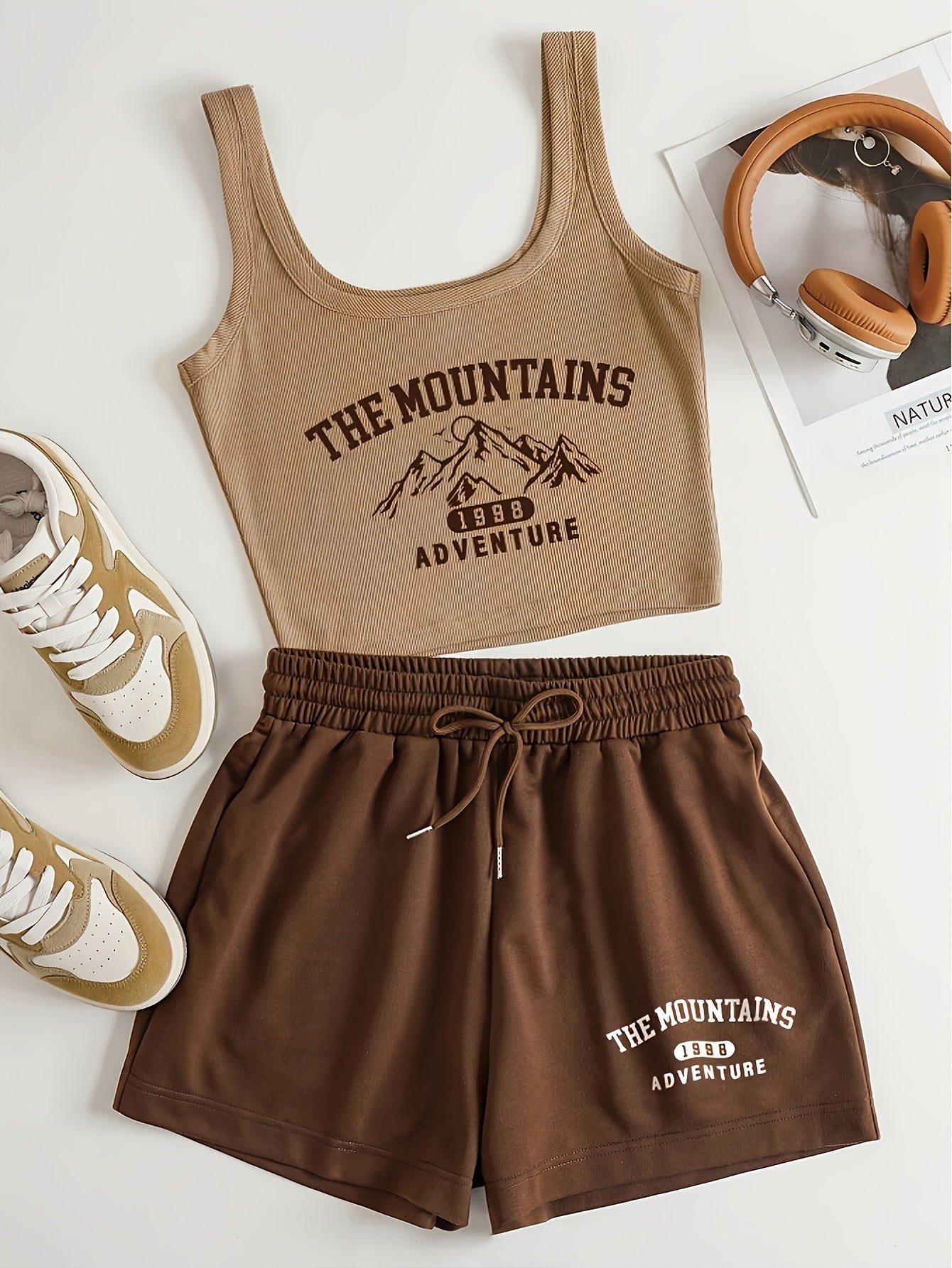Women's sporty casual set with "The Mountains Adventure" print – top & shorts – perfect for summer & outdoor activities