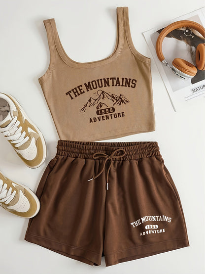 Women's sporty casual set with "The Mountains Adventure" print – top & shorts – perfect for summer & outdoor activities