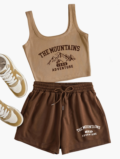 Women's sporty casual set with "The Mountains Adventure" print – top & shorts – perfect for summer & outdoor activities