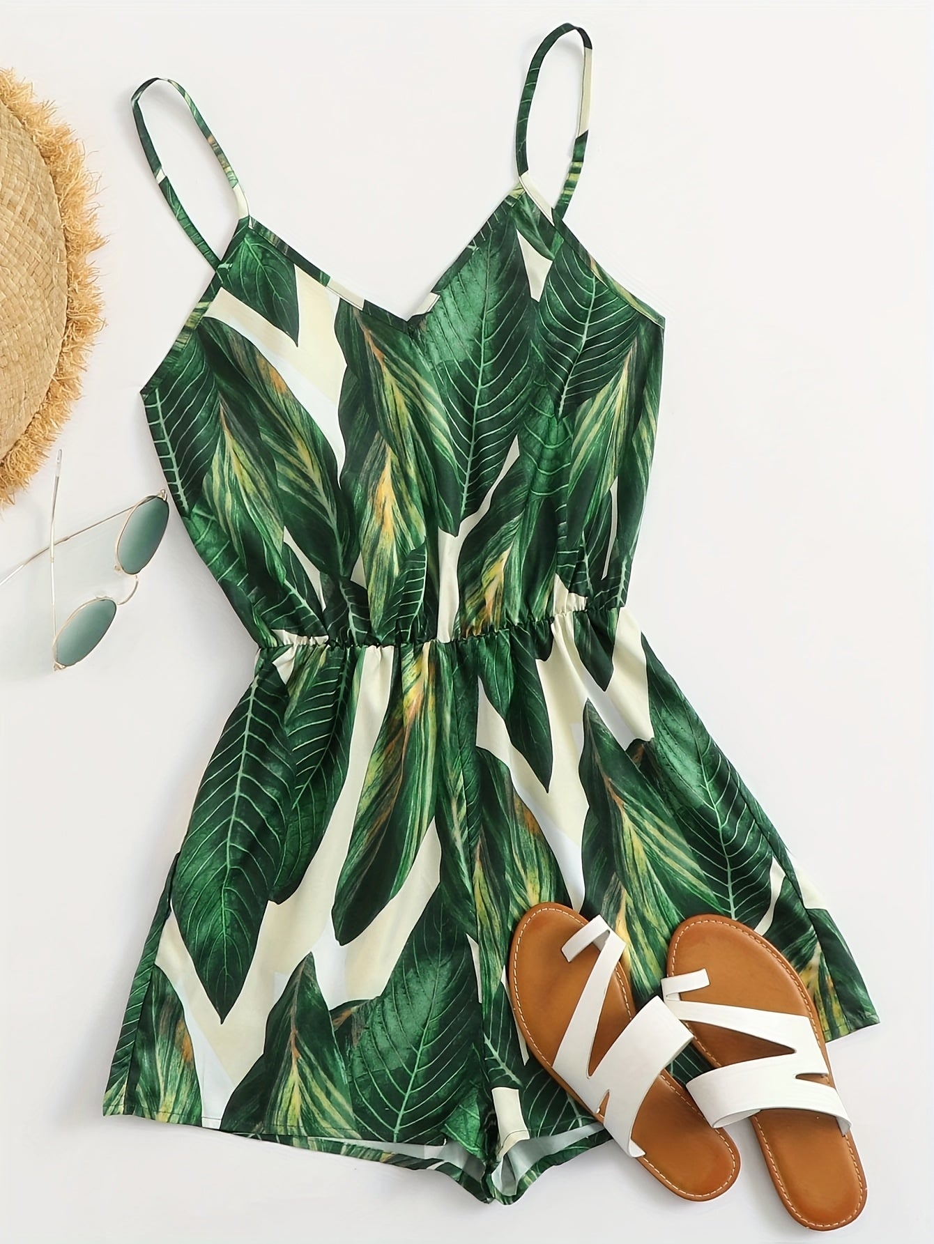 Women's jumpsuit with tropical leaf print – summery one-piece for vacation & leisure